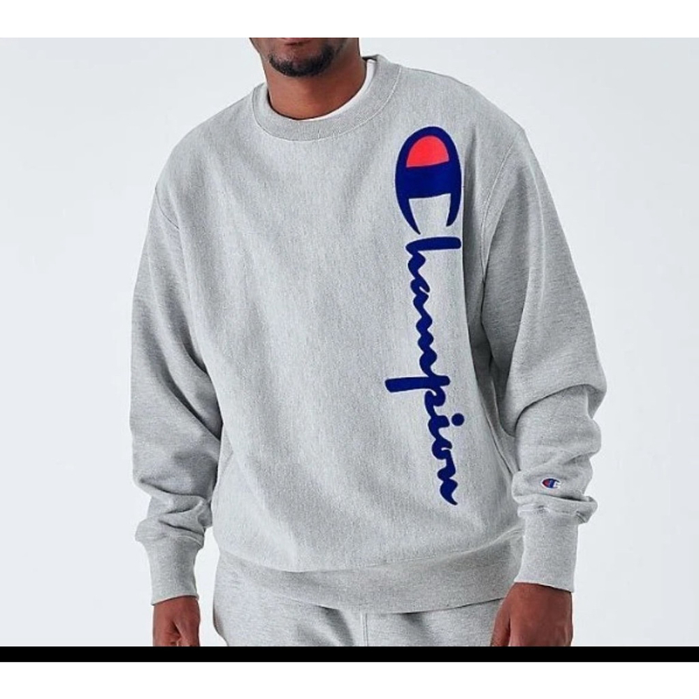 Champion Reverse Weave Men’s Large Grey Oversized Flocked Script Crew Sweatshirt